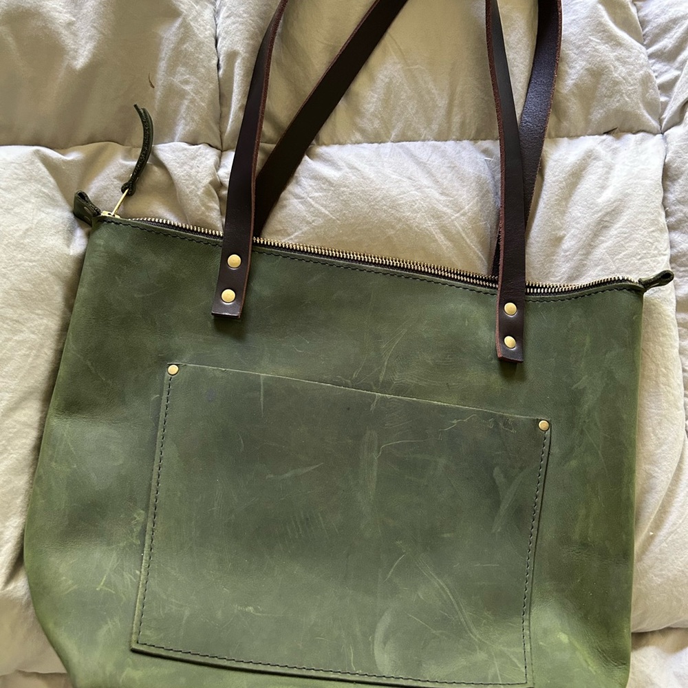 Portland Leather Olive Tote with Dark Brown Straps